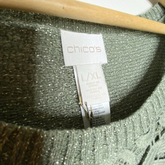 NWT Chico's Lucy Lace Body Poncho Sweater Green Gold Metallic Open Front L/XL - Picture 8 of 13